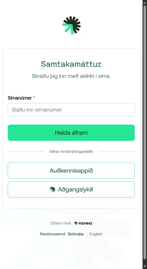 Innskráningarsíða Kenni með reit fyrir símanúmer og hnappnum „Halda áfram“