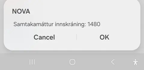 Staðfestingargluggi frá farsímafyrirtæki (Nova) með Samtak innskráningarkóða og hnöppunum Cancel/OK